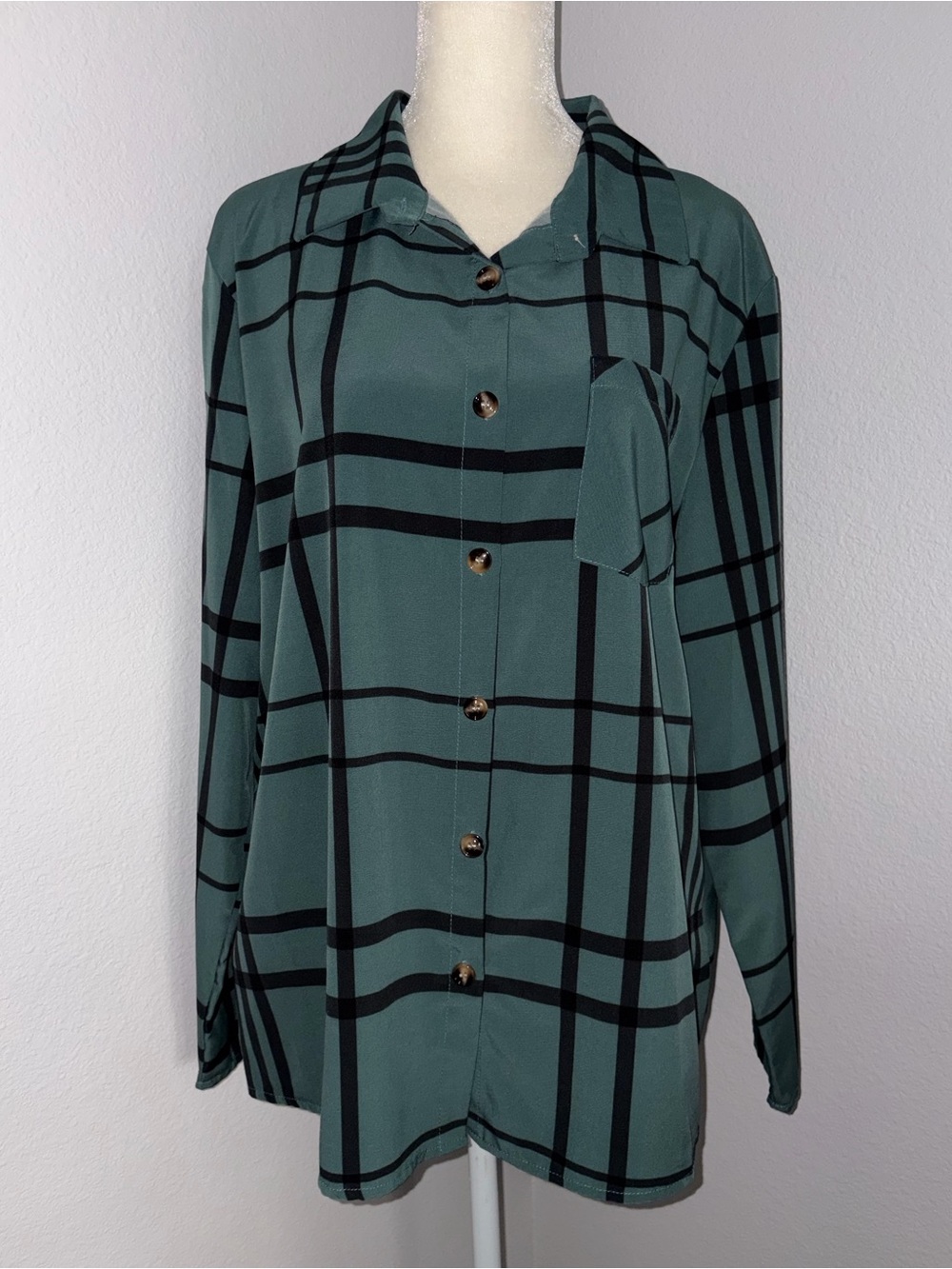 SHEIN‎ Teal and Black Plaid Button-Up Top